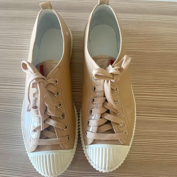 PRADA Beige Powder Patent Leather Sneakers with PRADA Dust Bag - Picture 1 of 16
